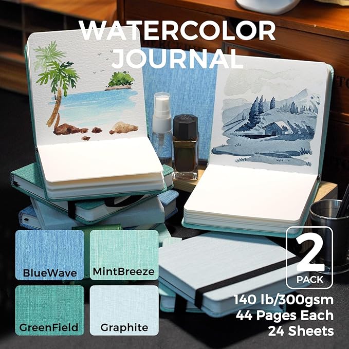 Funto Watercolor Journal 2 Pack, 4.7”x4.7” 48 Sheets Total, 100% Cotton Cold Press Paper 300gsm/140lb, Acid-Free Sketchbook Set for Practice & Class (Deep Blue)