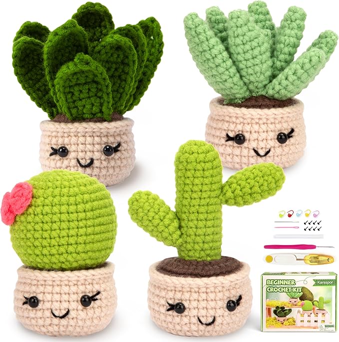 Karsspor Crochet Kit for Beginners, Complete Knitting Kit with Step-by-Step Instructions and Video Tutorials, Crocheting Set- 4 PCS Succulents, DIY Knitting Gift for Adults - Beginner-Crochet Lovers
