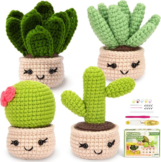 Karsspor Crochet Kit for Beginners, Complete Knitting Kit with Step-by-Step Instructions and Video Tutorials, Crocheting Set- 4 PCS Succulents, DIY Knitting Gift for Adults - Beginner-Crochet Lovers