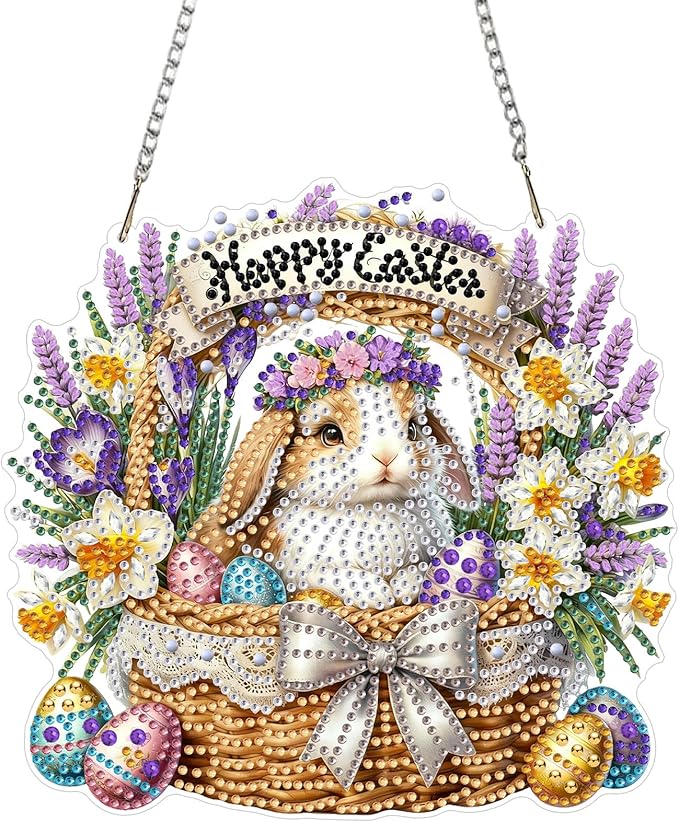 CEOVR Easter Hanging Diamond Art for Adults, Easter Bunny&Egg Diamond Painting Pendant DIY Gem Art Wall Hanging Ornament, Acrylic Home Garden Decor with Chain, Box Kit 7.87×7.48inch