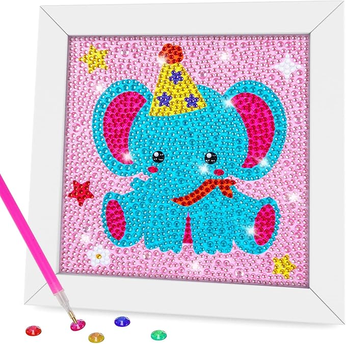QEUOYSS Diamond Art Kit for Kids with Wooden Frame Art and Crafts for Kids Ages 6-8 -10-12 Easy to DIY Diamond Art for Kid and Adult Beginners Home Wall Decoration (Elephant)
