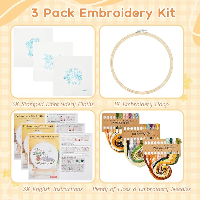 useamie 3 pack embroidery kit, diy cross stitch starter set, includes 3 embroidery patterns, embroidery hoop, printed embroidery fabric, needles,perfect for art supplies for home decoration and gift