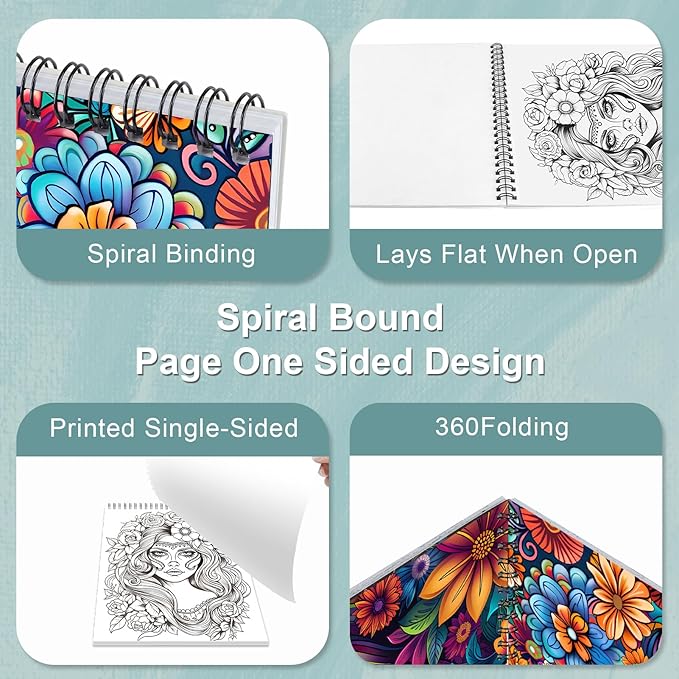 Sugar Skull Women Coloring Book for Adult Spiral Bound, Adult Coloring Book for Women Relaxation, Thick Paper 24 Pages One Sided Design, Mindfulness Easter Gifts for Adults