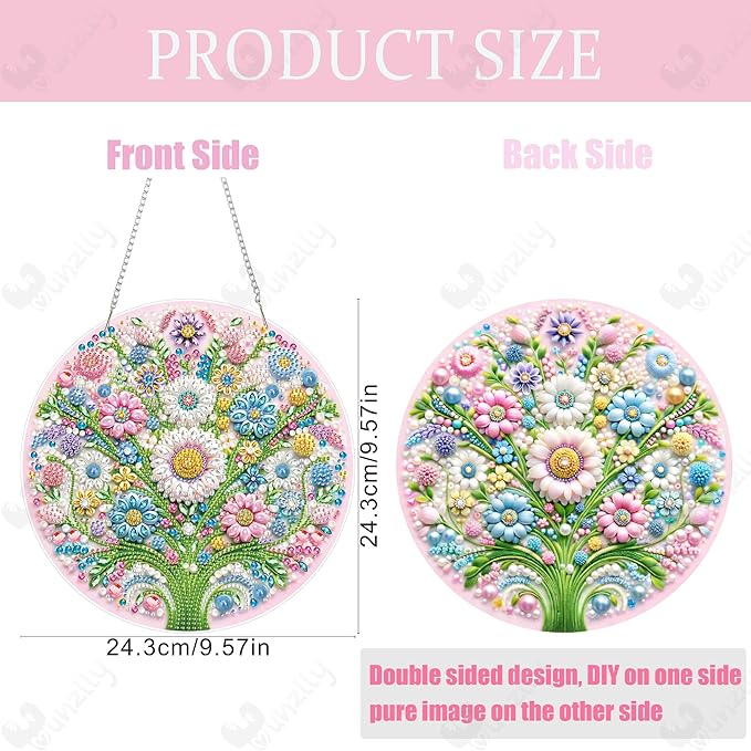 Yunzlly DIY Hanging Diamond Art Pendant Kit, Special Crystal Double Sided Diamonds Painting Ornament Kit for Adults, Acrylic Gem Painting Board for Window&Door&Wall (Flower)