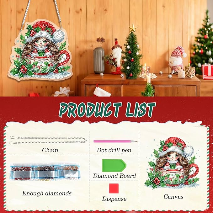 EMIEAUFG Christmas Diamond Art Hanging Kit for Adult, Xmas Girl Diamond Art Pendants, Double Sided Acrylic & 5D Special Shaped Rhinestone, Christmas DIY Ornament for Window Home Wall Decor