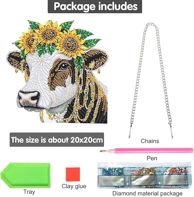 Bimkole Cow Diamond Art Hanging Kit for Adult, DIY 5D Sunflowers Diamond Art Painting Window Pendant, Acrylic Crystal Art Hanging Ornament for Wall Home Garden Front Door Decor - 7.8x7.8 Inch