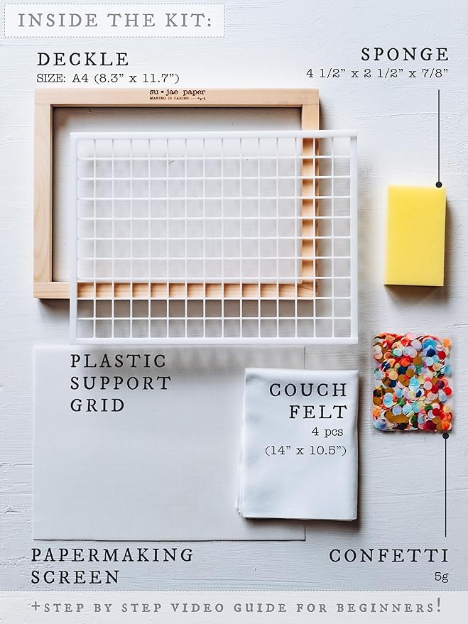 Waterproof Paper Making Screen Kit to Craft Your Own Handmade A4 Paper: Wood Deckle, Mesh Screen, Plastic Grid, Confetti, Sponge, 4 Couch Felts & Video Instructions…