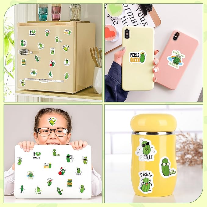 beyumi 1000pcs pickle cartoon stickers for kids in 2 rolls funny graphic aesthetics cucumber stickers waterproof vinyl sticker for scrapbooking bottle skateboard guitar luggage party decor gifts teens