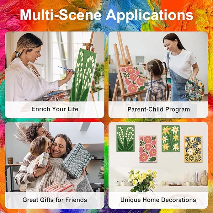 4 Pack Paint by Numbers for Adults with Framed Canvas - with Wooden Easel, Easy Flower Paint by Number for Beginners, Flowers Acrylic Oil Painting on Canvas with Brushes for Home Wall Decor 8x12 inch