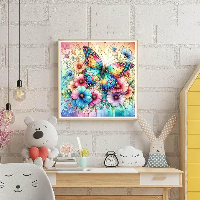 EIBEILI Diamond Painting Kits for Adults, Butterfly Flower 5D Diamond Art Kits for Beginner DIY Full Drill Diamond Dots Crystal Craft Kits for Home Wall Decor Gifts(12X12 Inch/Butterfly)