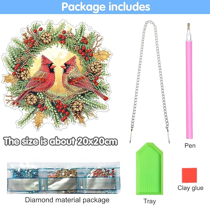 Reofrey Hanging Diamond Art Kits for Adults - 8x8 Inch Christmas Bird Acrylic Board Double Sided Pattern Diamond Art Suncatcher Pendant, Crystal Art for Home Wall or Window Decoration Handmade Gift