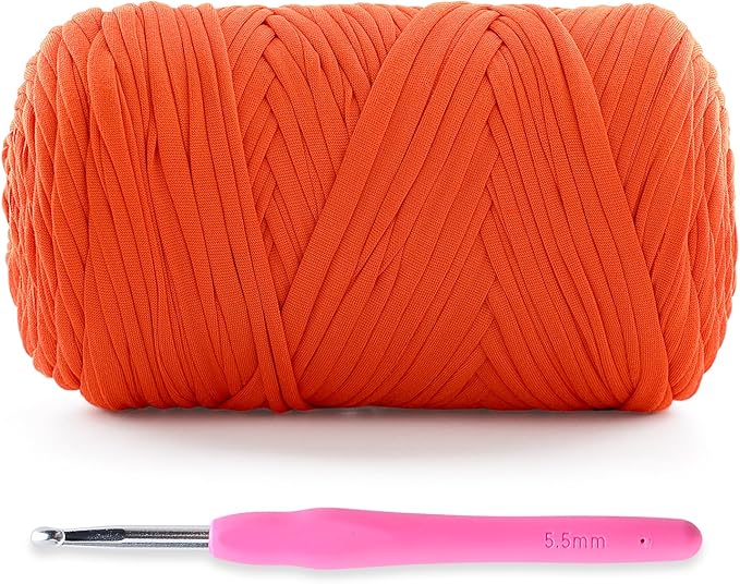Soft T-Shirt Yarn for Crochet, T Shirt Yarns for Crocheting Crafts, Bags, Basket, Coaster, Tshirt Yarns - 400 g/130 yds with 1 Crochet Hook (1, Orange)