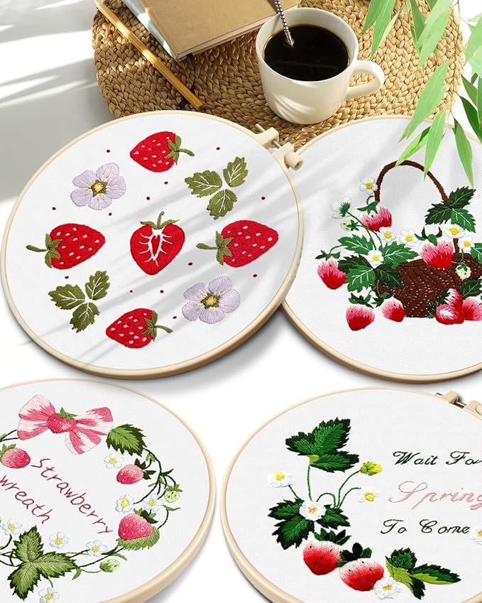TINDTOP Embroidery Kit for Adult, 4 Pack Cross Stitch Practice Kits for Beginners Include Embroidery Cloth Hoops Threads for Craft Lover Hand Stitch with Embroidery Skill Techniques