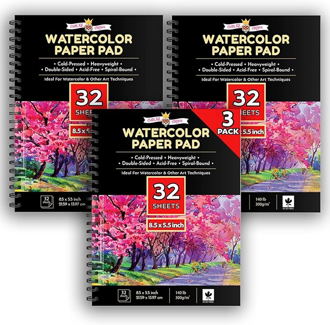 CHALKY CROWN - Watercolor Paper Pad - Water Color Paper Sketch Book - Water Color Paper for Artists, White - Pack of 3 (5.5x8.5) - (96 Sheets)