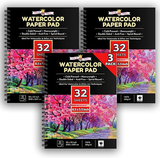 CHALKY CROWN - Watercolor Paper Pad - Water Color Paper Sketch Book - Water Color Paper for Artists, White - Pack of 3 (5.5x8.5) - (96 Sheets)