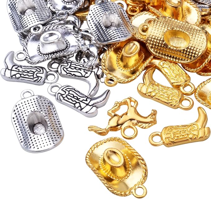 60pcs 3 Styles Western Cowboy Charms Tibetan Alloy Horse Hat Pendants Vintage Cowboy Boot Charms Crafts Supplies for DIY Bracelet Necklace Jewelry Making, Antique Silver, Antique Gold