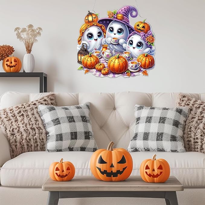Diamond Art Hanging Kits for Adult, Fall Pumpkins Crafts Decor 5D DIY Acrylic Diamond Art Painting Ornaments, Window Pendants Wall Hanging Kits for Home Garden