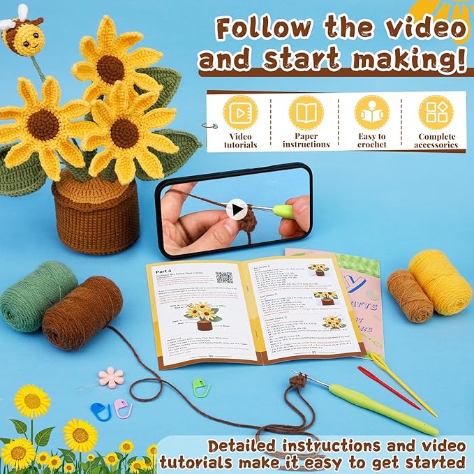 LUNARM Crochet Kit for Beginners, Sunflower Beginners Crochet Kit for Adults, Learn Starters Kit with Video Tutorial, Knitting Yarn, Hook DIY Craft Home Deco, Holiday Birthday Gift