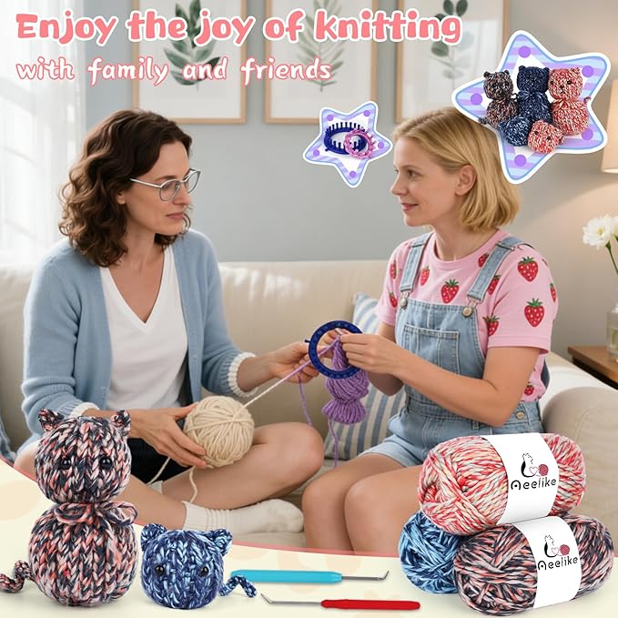 Aeelike Round Loom Knitting Kit for Beginners, Easy to Knit Cat (L&S) Complete Beginner Knitting Loom Kit for Beginners w Step-by-Step Instructions Videos, Family Craft Crochet Animal Gift