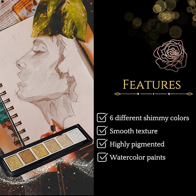 Golden Artistry: 6 Metallic Watercolor Paints Including Lustrous Gold for Professional Artwork