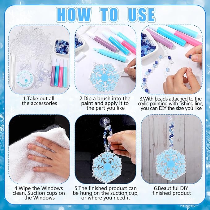 Sonwyoung 30 Sets Winter Snowflake Suncatchers Ornament Craft Kits, DIY Glow in The Dark Christmas Suncatcher Kits Art Stained Glass Window Paint Art for Party Activities Craft Party Favors
