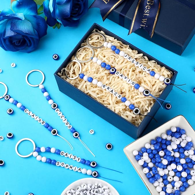 Landical 564 Pcs Evil Eye Keychain Making Kit DIY Bead Keychain Charm Blue Key Chain Craft Adjustable Letter Bead String Alphabet Jewelry Amulet for Good Luck Holiday Christmas Party Favor(Blue White)