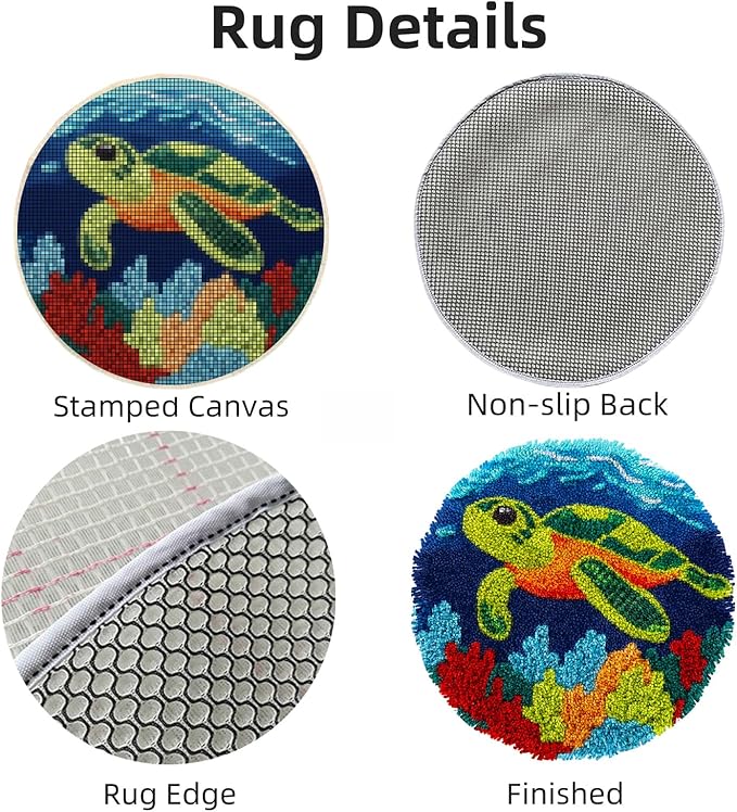 Latch Hook Rug Kit Cute Green Sea Turtle Easy for Beginners Round Shape Carpet Crochet Yarn Craft Mini Rug DIY Hook and Latch Little Tapestry for Home Decor 30x30cm-5