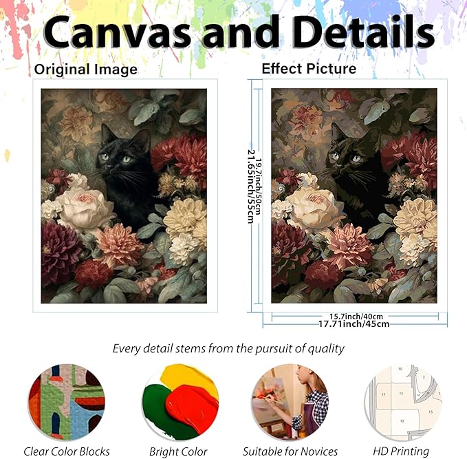 Cat Paint by Numbers Kit for Adults Beginners, Flowers Adult Paint by Number Kits on Canvas, Acrylic Painting by Number, DIY Crafts for Gift Home Decor 16x16 in
