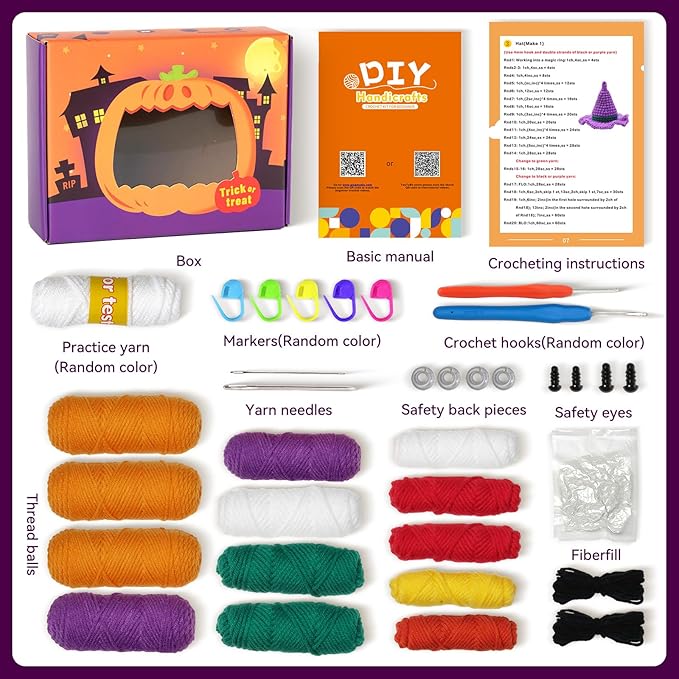 Sinyon Beginner Crochet Kit with Video Tutorials - Pumpkin Candy Bag Crochet Patterns, 40%+ Premium Yarn, Complete Crocheting Tools for Adults & Kids - DIY Craft Gift for Birthdays, Holloween (Purple)