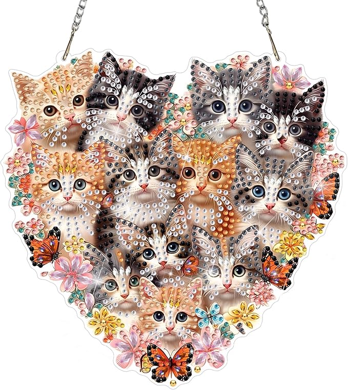 DOMROM Cat Diamond Art Hanging Kits for Adults Beginner, Special Shaped Crystal Diamond Painting Cat Pendant, DIY Diamond Art Suncatchers Animal for Home Garden Wall Decor Gift