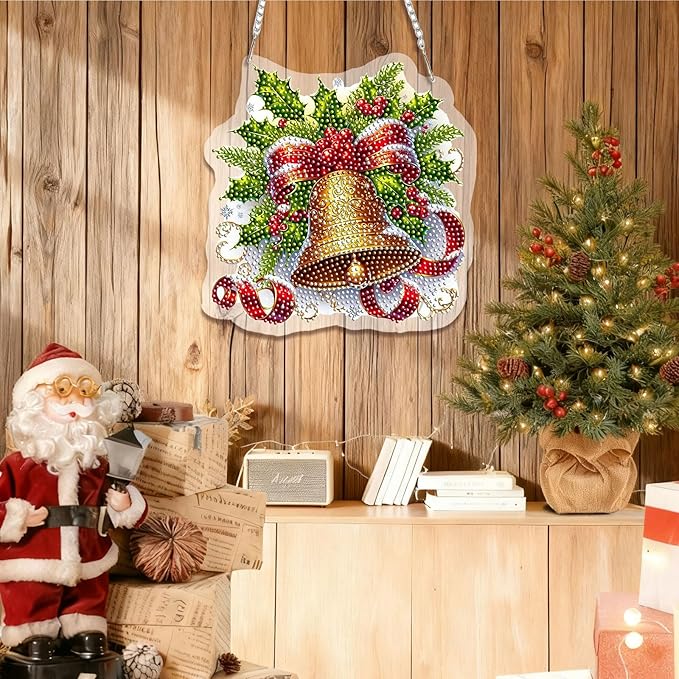 EMIEAUFG Christmas Diamond Art Hanging Kit for Adult, Xmas Bell Diamond Art Pendants, Double Sided Acrylic & 5D Special Shaped Rhinestone, Christmas DIY Ornament for Window Home Wall Decor