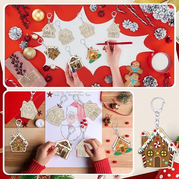 Trnayi 36 Pcs Gingerbread House Unfinished Wooden Keychains Color Your Own Unfinished Gingerbread House Wooden Crafts Blank Wood Painting DIY Crafts for Christmas Home Activities Arts Party Decor