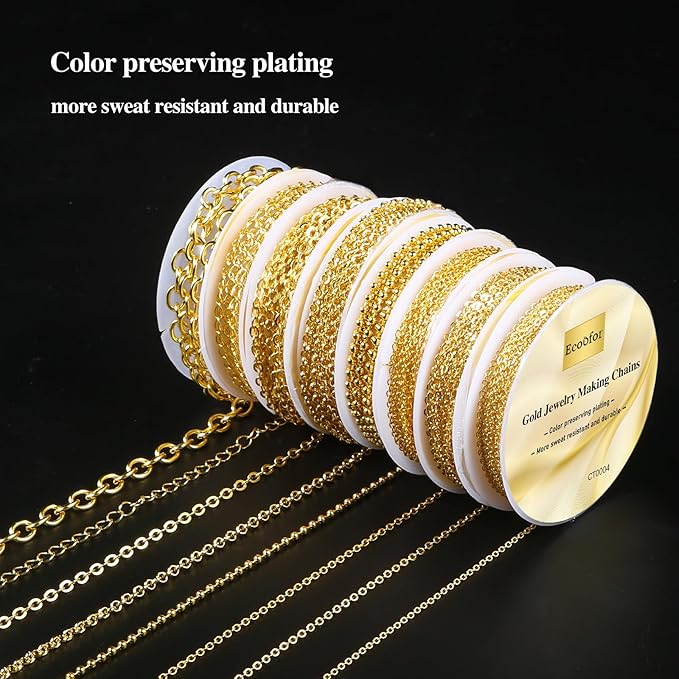 ecoofor gold necklace chains for jewelry making, 62.3 feet 8 rolls jewelry chains for diy necklace bracelet jewelry making with jump rings/lobster clasps/connectors