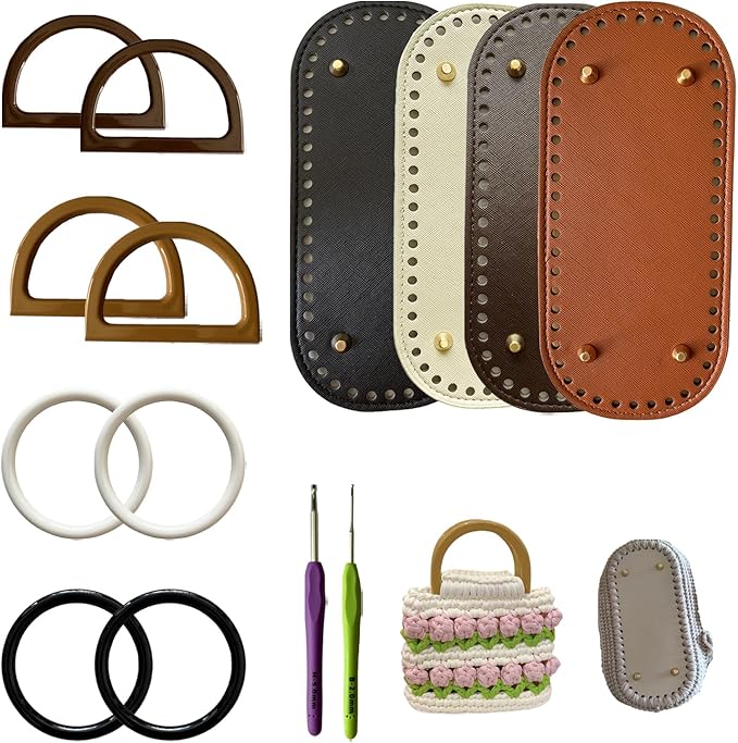 TQFXGLL 14 Pcs Leather Crochet Bag Making Kits, 4 Colors Bag Bases, Round and D Shape Purse Handles with 2 Sizes Crochet Hooks for DIY Purses Bags Craft Making