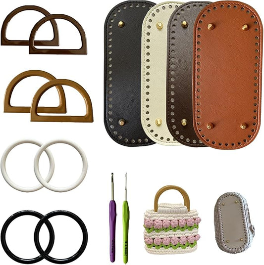 TQFXGLL 14 Pcs Leather Crochet Bag Making Kits, 4 Colors Bag Bases, Round and D Shape Purse Handles with 2 Sizes Crochet Hooks for DIY Purses Bags Craft Making