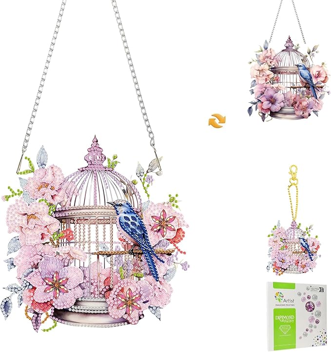 Masendp Birdcage Diamond Painting Double-Sided Hanging Ornament Set, DIY Irregular Shaped Rhinestone Window Decoration Set, Suitable for Home and Garden Wall Decoration Gifts