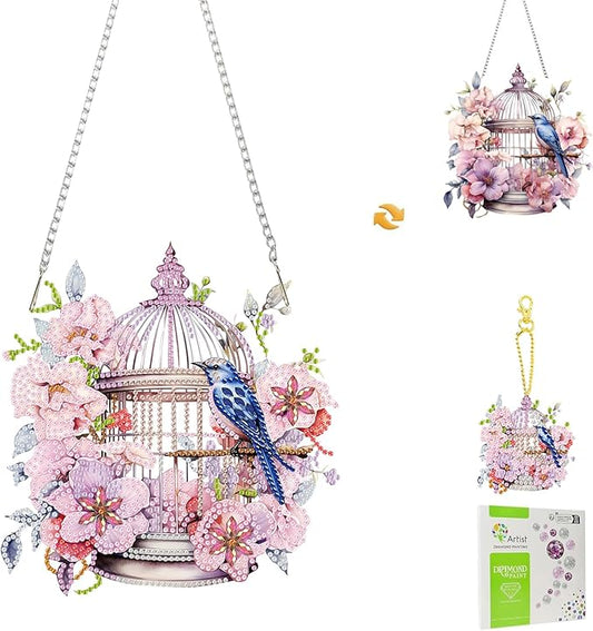 Masendp Birdcage Diamond Painting Double-Sided Hanging Ornament Set, DIY Irregular Shaped Rhinestone Window Decoration Set, Suitable for Home and Garden Wall Decoration Gifts