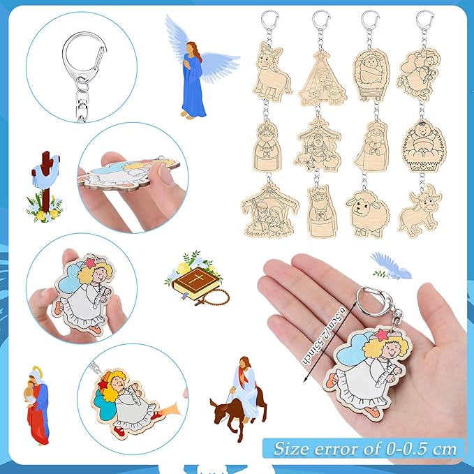 Trnayi 36 Pcs Christmas Nativity Crafts Unfinished Wooden Christian Keychains Color Your Own Religious Jesus Holy Ornaments DIY Blank Crafts to Paint for Arts Project Home Decor