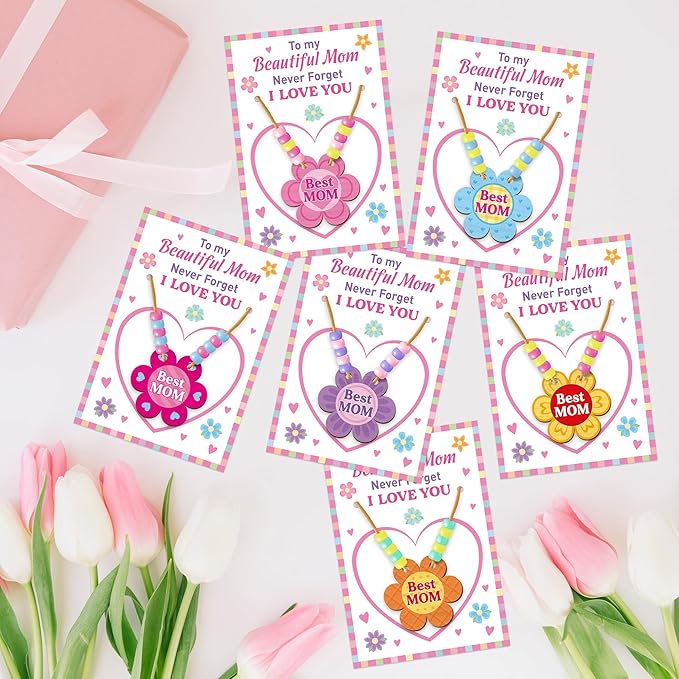 BeYumi Mom Necklace Craft Kit - 24Pcs DIY Mother's Day Best Mom Wooden Flower Pendant Beads Necklace Making with Greeting Card to Beautiful Mother Craft Gift Kids School Classroom Family Party Favor
