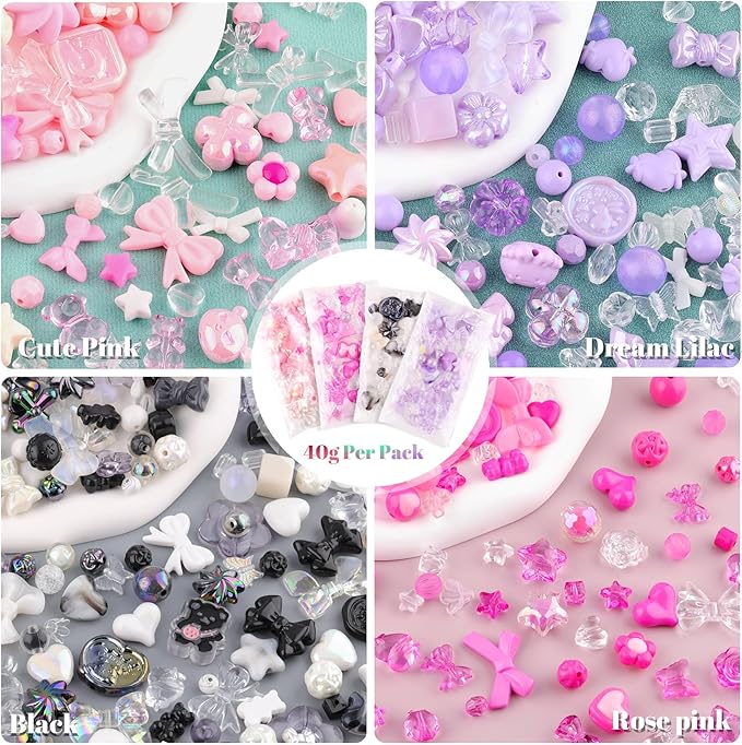 210-270pcs tinkrstuff assorted acrylic beads for bracelet making,cute beads for jewelry making flower bow butterfly candy gummybear kawaii aesthetic bracelet charms, necklace keychain phone charms diy