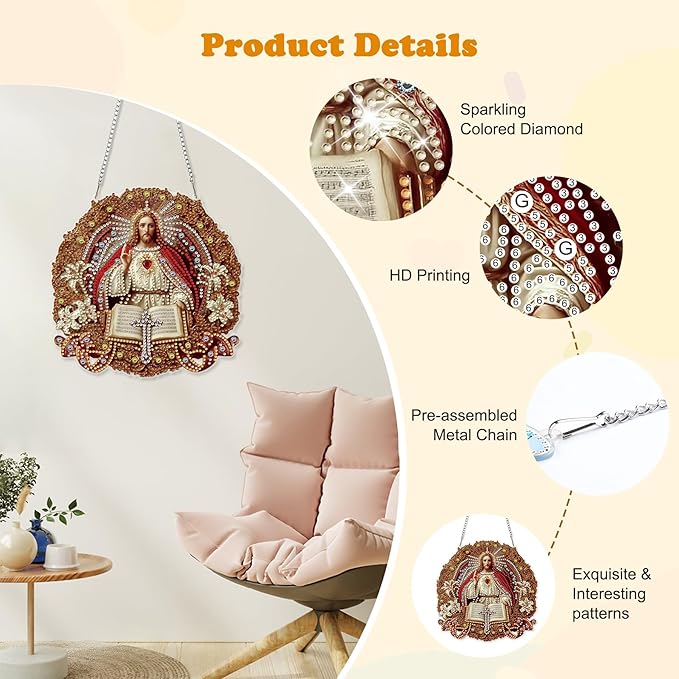 HEIBAGO Easter Diamond Art Hanging Kits Jesus for Adults, Diamond Art Suncatchers, 5D Special Shape Diamond Painting Pendant, DIY Window Ornament Gifts for Home Garden Door Wall Decor 8.3 x 8.3 Inch