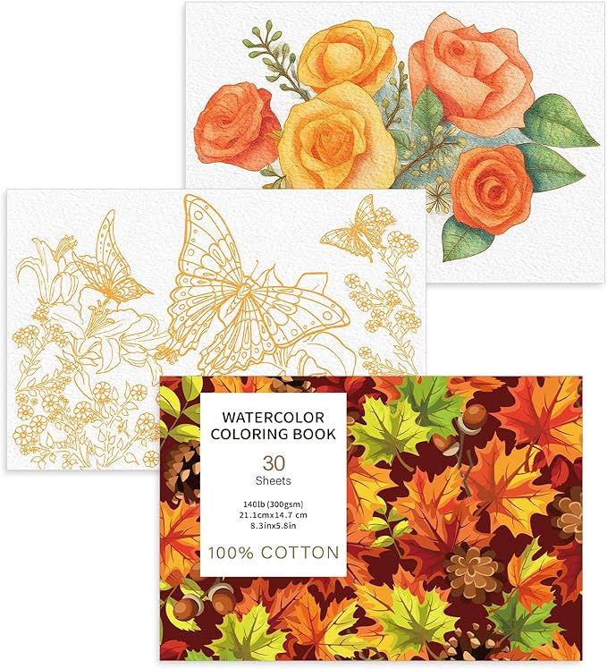 30 Sheets Watercolor Coloring Book, A5 (8.3 x 5.8) Watercolor Workbook, 140 lb/300 GSM Flower Water Color Book for Adults, Creative Art Craft Gift for Beginners