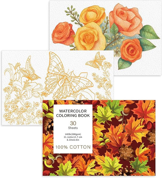 30 Sheets Watercolor Coloring Book, A5 (8.3 x 5.8) Watercolor Workbook, 140 lb/300 GSM Flower Water Color Book for Adults, Creative Art Craft Gift for Beginners