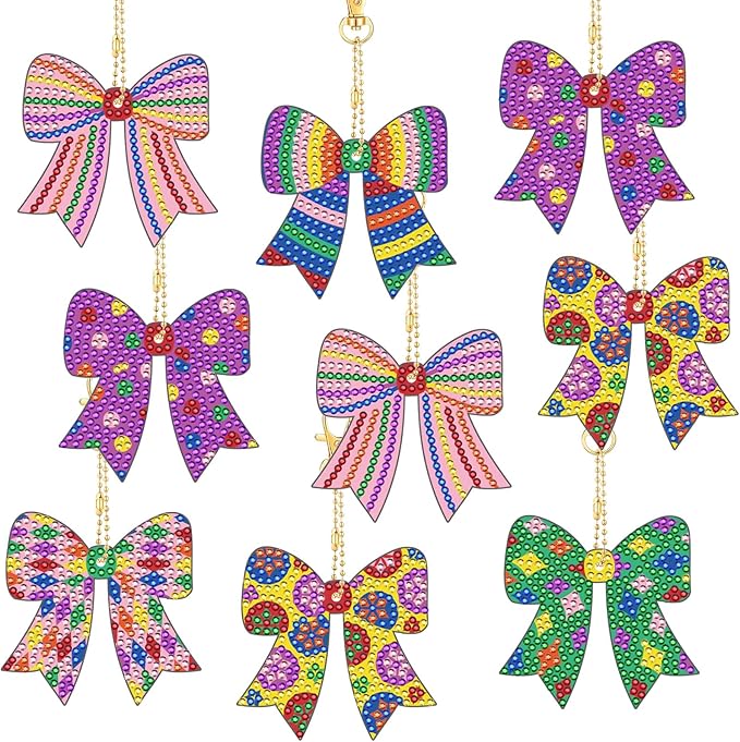 Cinrobiye 12 Pieces Christmas Diamond Painting Keychains Kits with Tools Christmas Diamond Art Hanging Ornaments DIY Xmas Refrigerator Decor Craft Kits for Holiday Party (Bow)