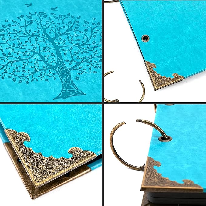 Photo Album DIY Scrapbook, 10x10 inch 50 Pages Vintage Leather Cover Three-Ring Binder Picture Booth Albums + 9 Colors 408pcs Self Adhesive Photos Corners for Memory Keep (Family Tree, Cyan)