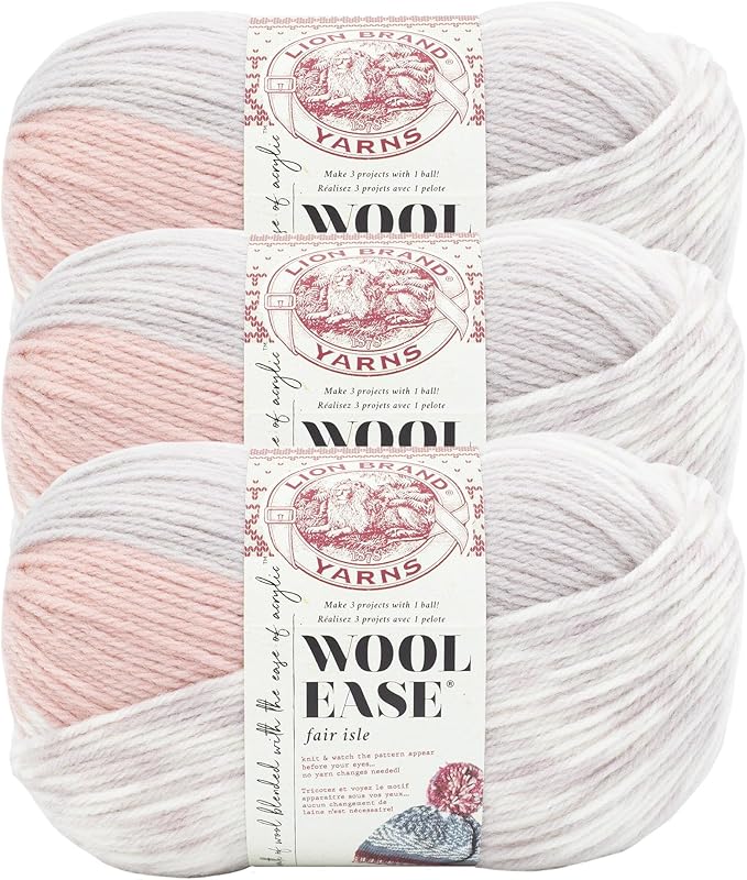 Lion Brand Yarn Wool Ease Fair Isle, Yarn for Knitting, Pink/Mushroom, 3 Pack