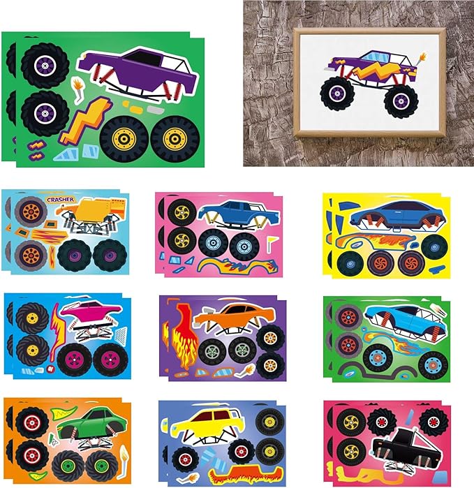20 pcs monster truck make your own stickers with 10 designs truck party favors for monster truck-themed birthday party decorations favor supplies education toy art craft activities birthday gift