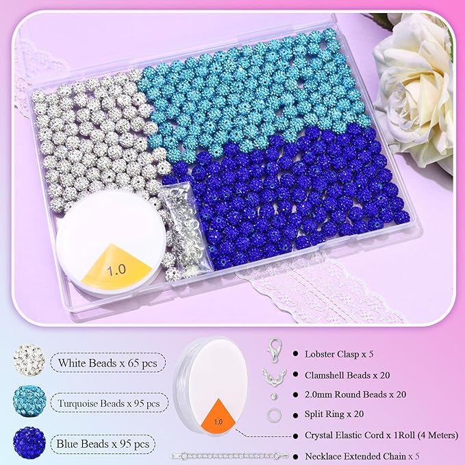 Dowarm 255PCS 10mm Rhinestone Beads for Baseball Rhinestone Necklace Bracelet Jewelry Making, Round Polymer Clay Beads for Crafts Beaded Pen, DIY Shamballa Pave Disco Bead, Turquoise|Blue|White