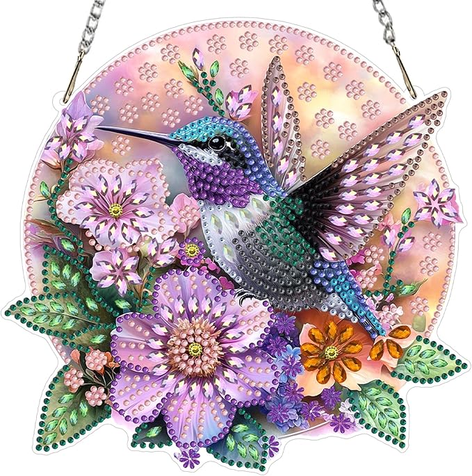 KEYIFA Hummingbird Diamond Painting Kit, DIY Flower Diamond Art for Adults, Diamonds Pendant Special Shaped Rhinestone Window Hanging Ornaments Home Garden Wall Door Decoration, 20cm Width
