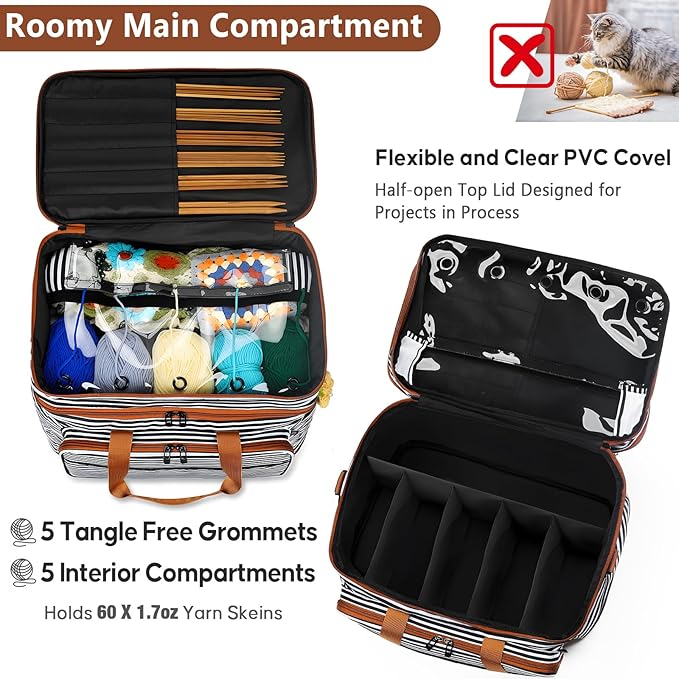 IBFUN 3PCS Crochet Bag with Wrist Yarn Holder, Large Yarn Storage Tote Waterproof Knitting Bag Organizer with Adjustable Strap for Hooks, Needles (Up to 14"), Accessories, Crochet Lovers, Tangle-Free
